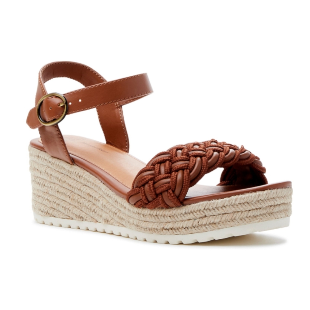 Women's Boho Style Braided Wedge Sandals in Cognac Size 9W, 10W